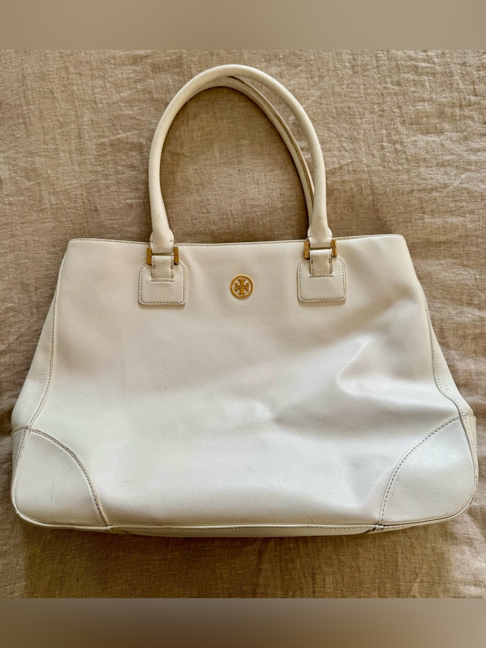 Tory Burch Robinson Double Zip Tote – Ivory/White Saffiano Leather Gold Handware